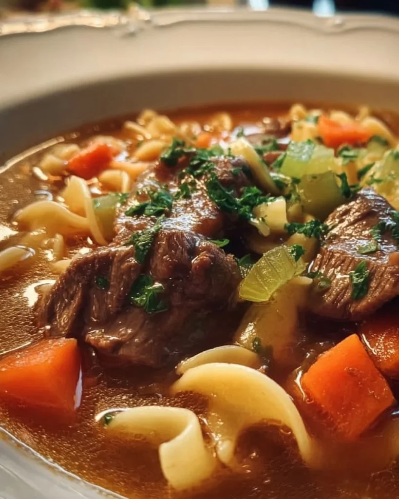 Selbstgemachte deutsche Rindfleischnudelsuppe mit frischen Zutaten