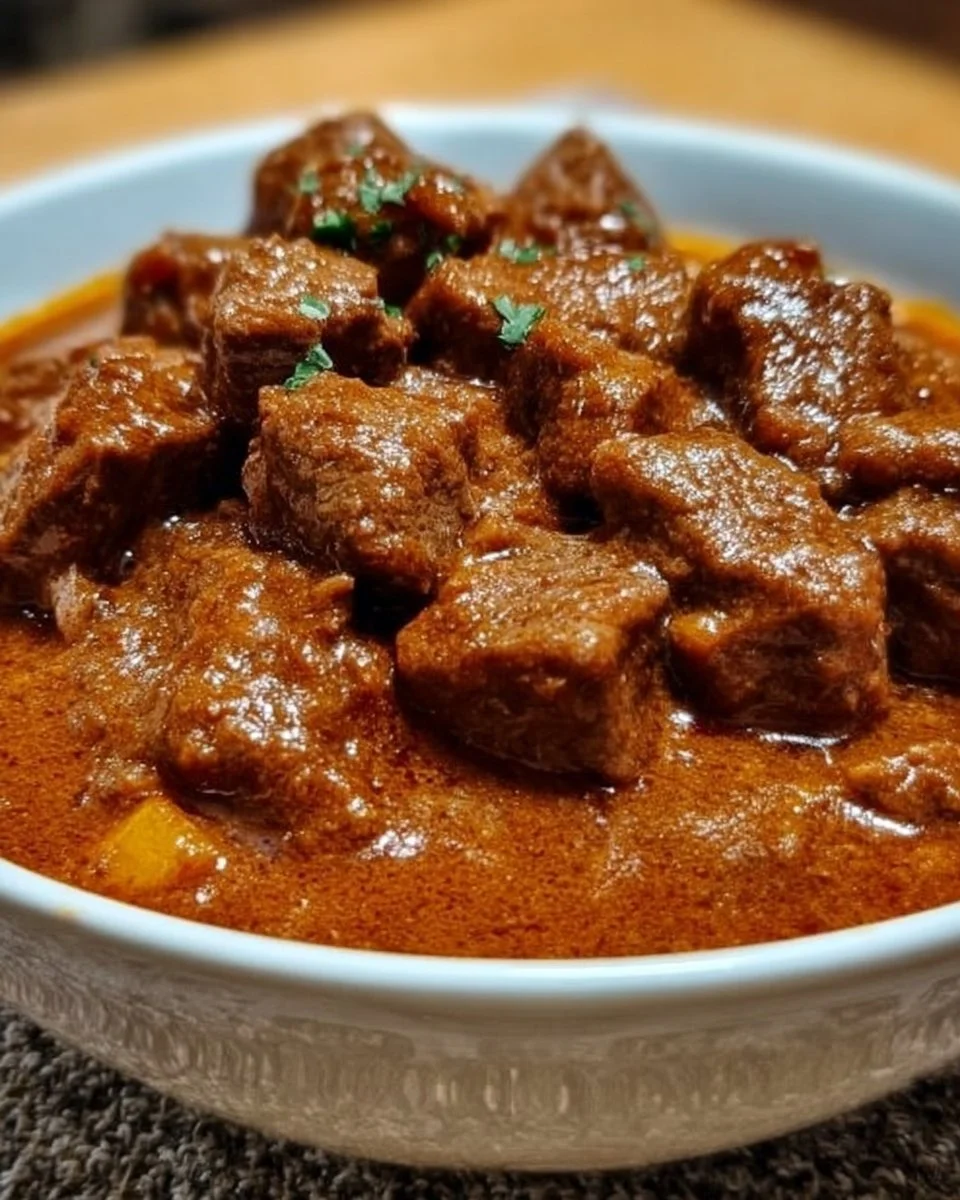 Traditioneller deutscher Gulasch mit Fleisch und Gemüse serviert.