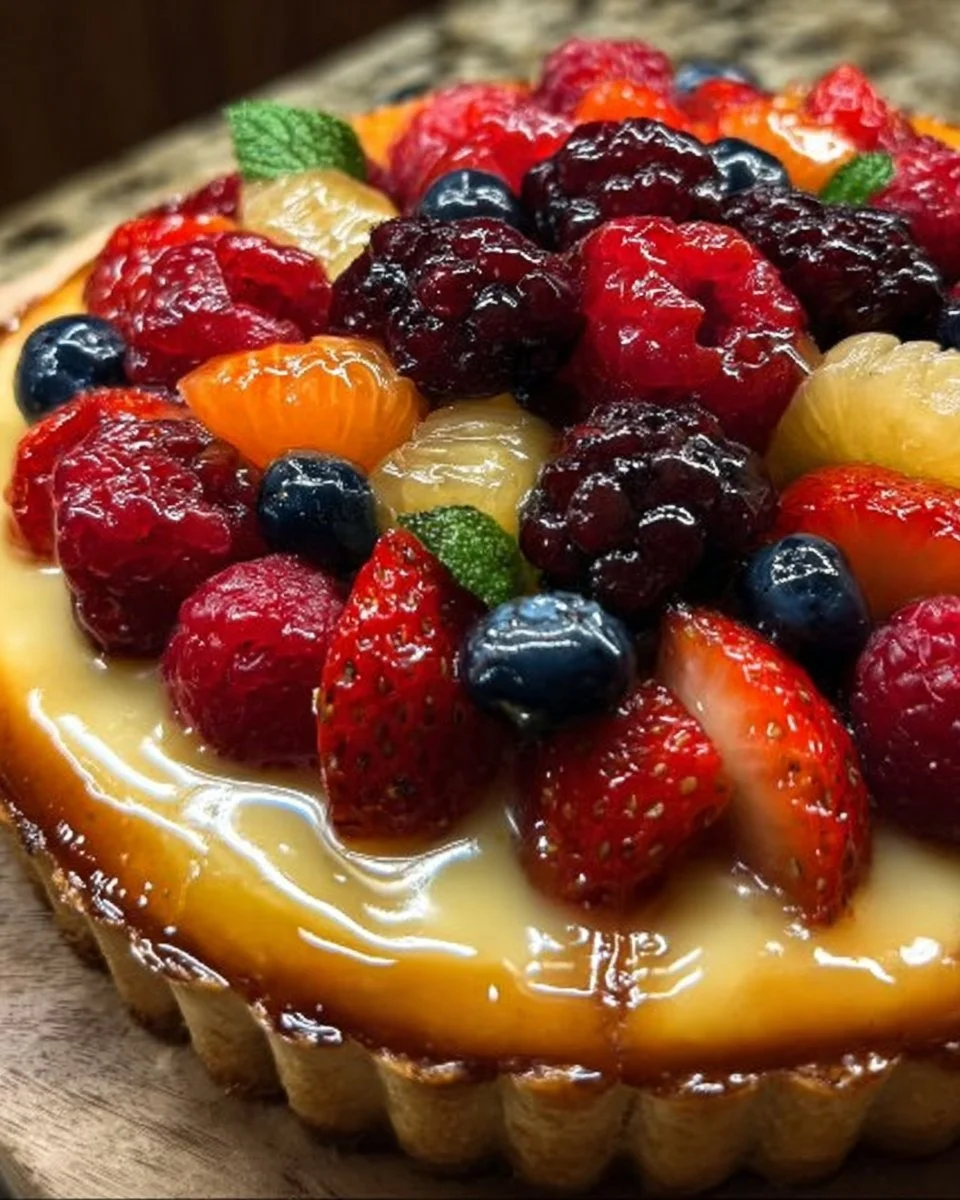 Deutscher Obstflan mit frischen Früchten und sahniger Creme.