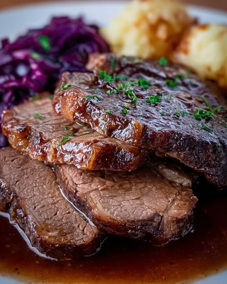 Deutscher Sauerbraten, traditionelles deutsches Gericht mit Fleisch und Marinade.