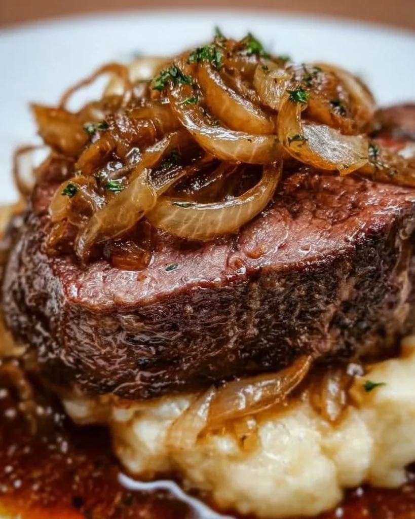 Deutsches Roastbeef mit Zwiebeln auf einem Teller präsentiert