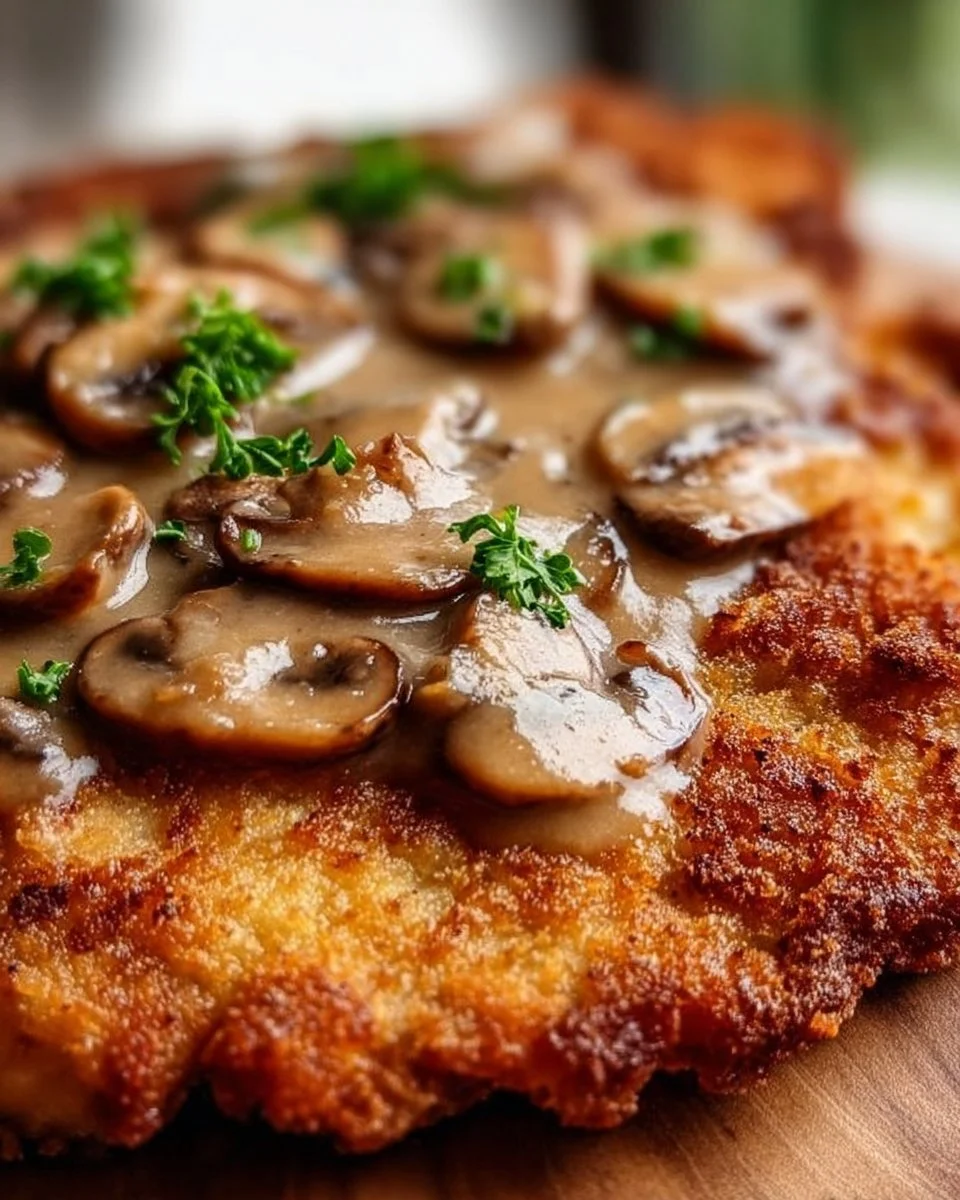 Echtes Jägerschnitzel mit Pilzen und cremiger Sauce auf einem Teller serviert.