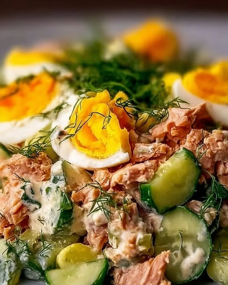 Eier-Gurken-Thunfischsalat mit frischen Zutaten serviert