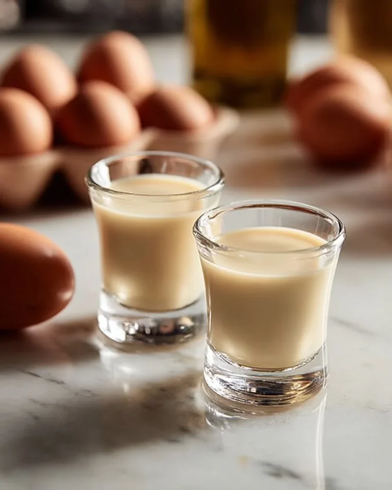 Eierlikör in einer Glasflasche auf einem Dekotisch präsentiert