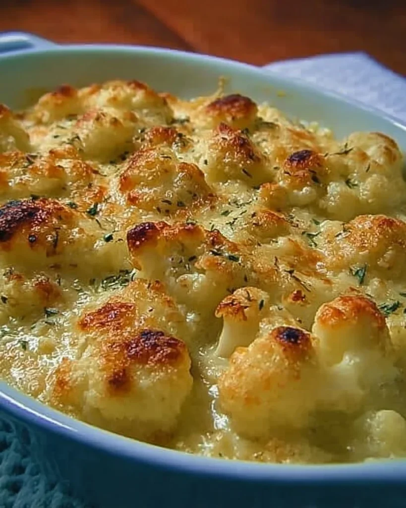 Einfacher und köstlicher Blumenkohlauflauf auf einem Teller serviert