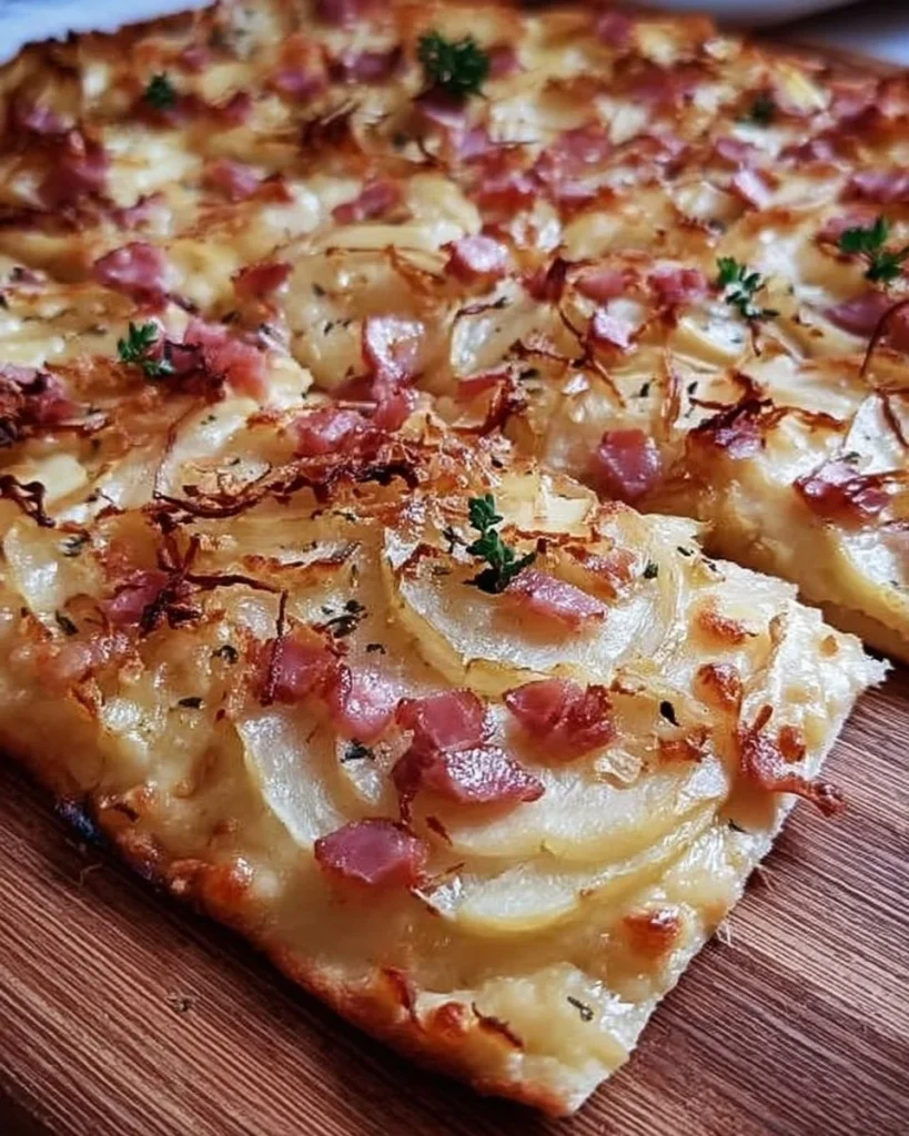 Traditioneller Elsässer Flammkuchen mit Crème fraîche, Zwiebeln und Speck