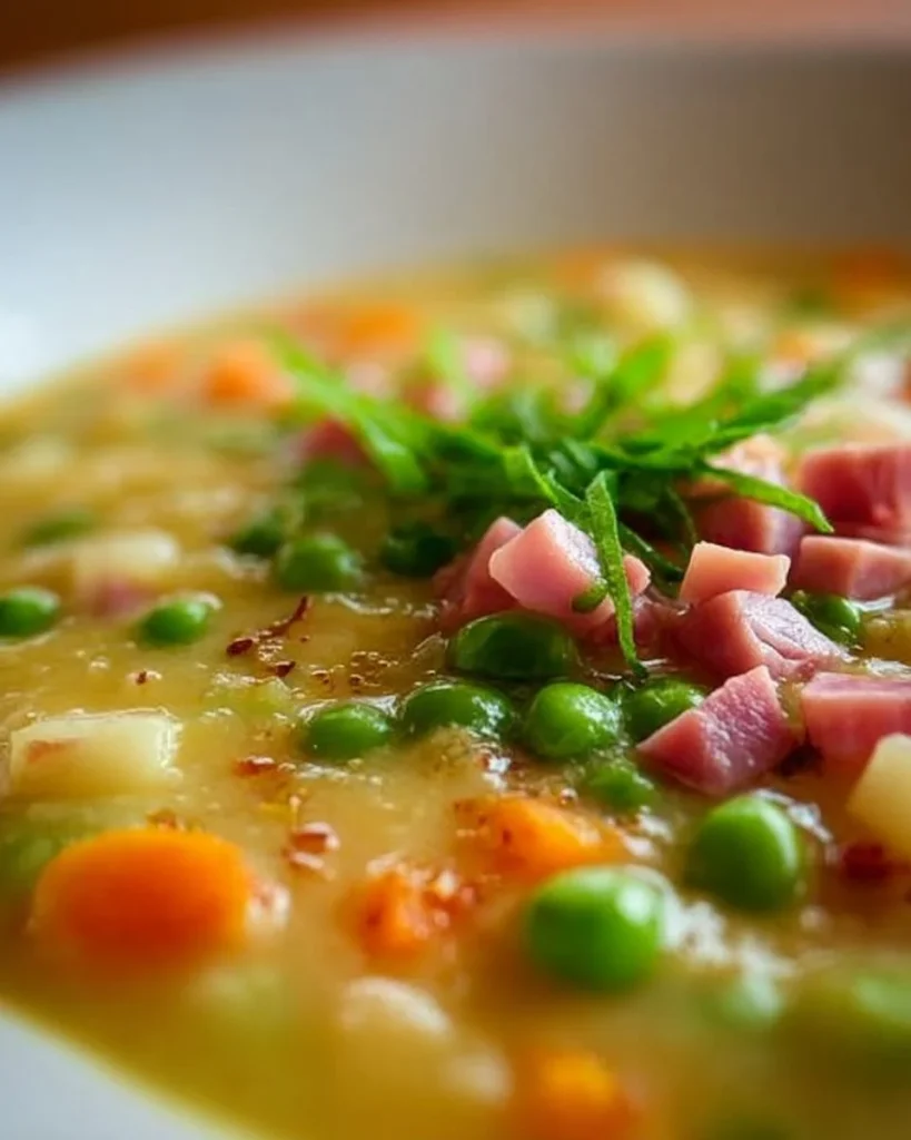 Schüssel mit dampfender Erbsensuppe, garniert mit frischen Kräutern.