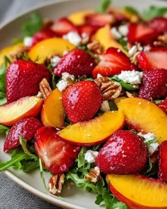 Erdbeer-Pfirsich-Salat mit Honig-Zitronen-Vinaigrette in einer bunten Schüssel
