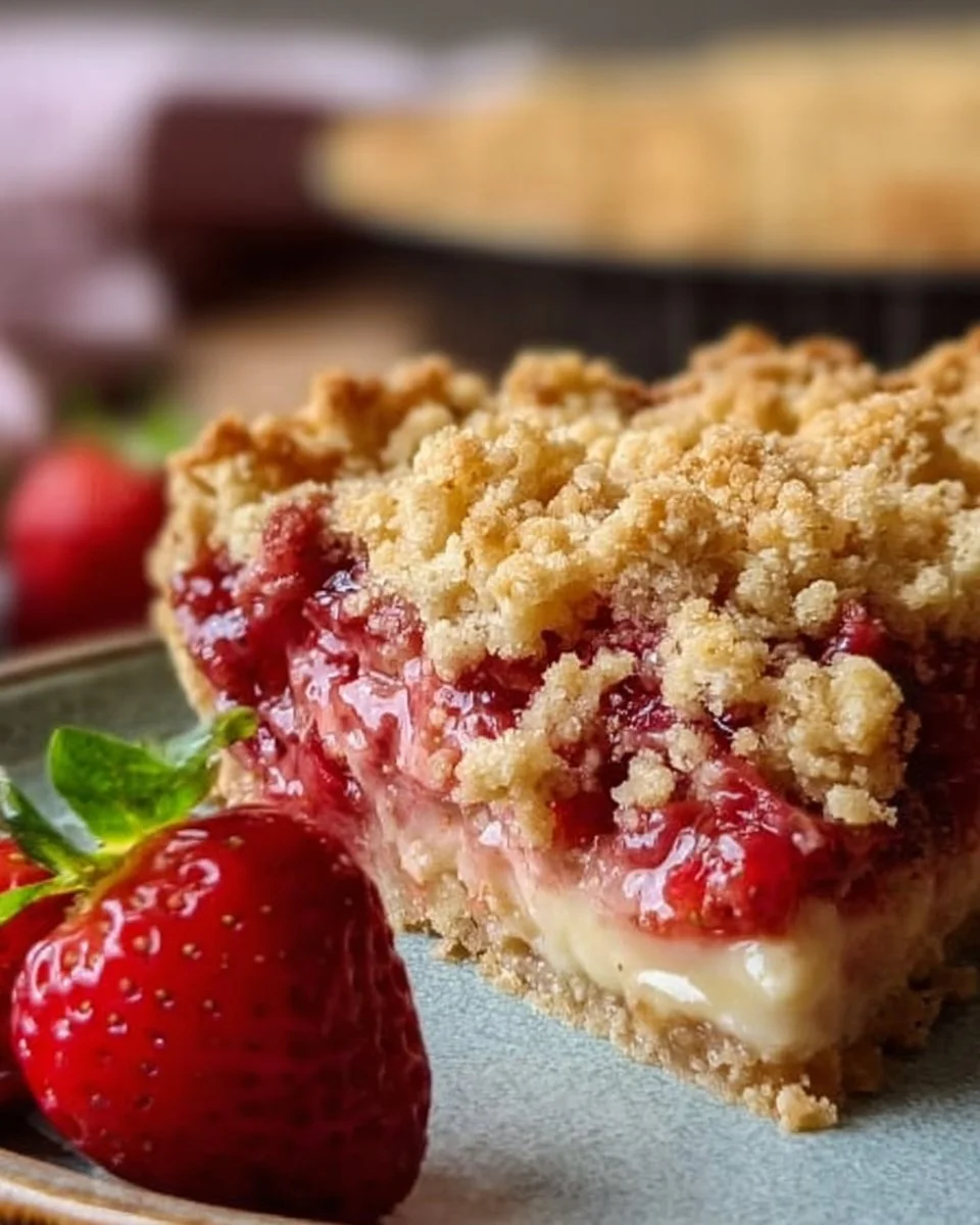 Erdbeer Streuselkuchen mit Vanillepudding auf einem Teller
