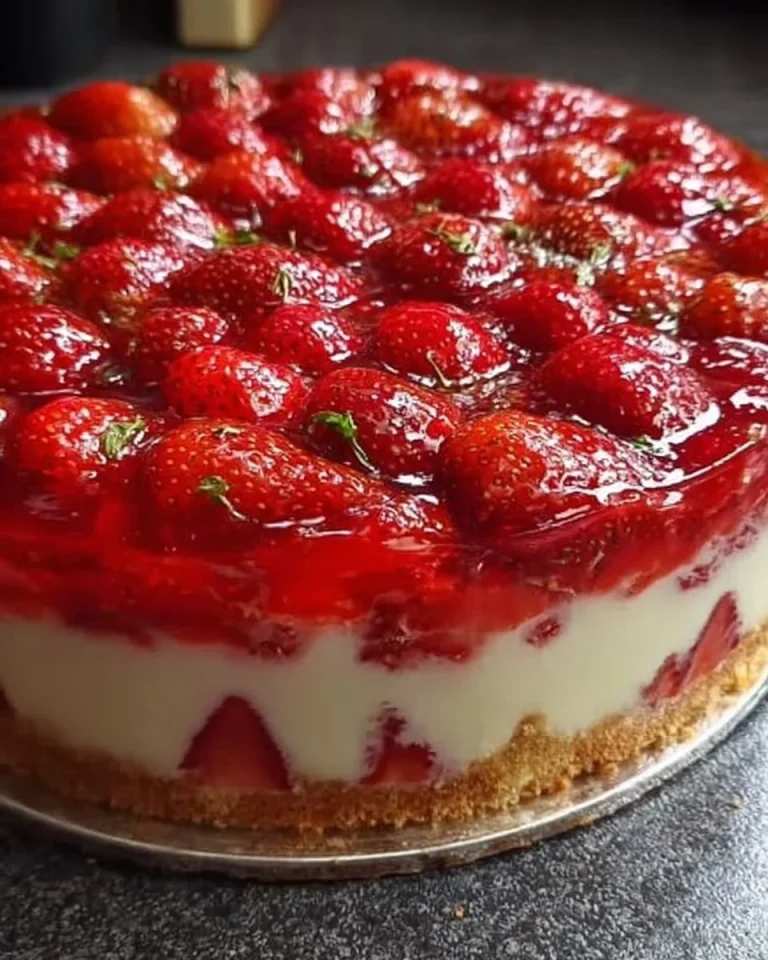 Erdbeerkuchen mit Schmand-Vanillecreme auf einem Teller angerichtet