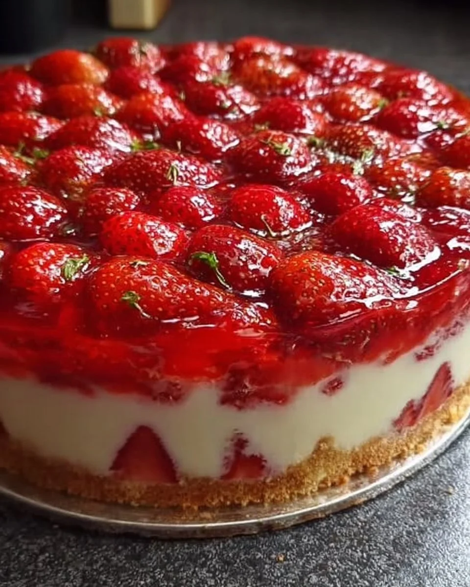 Erdbeerkuchen mit Schmand-Vanillecreme auf einem Teller angerichtet