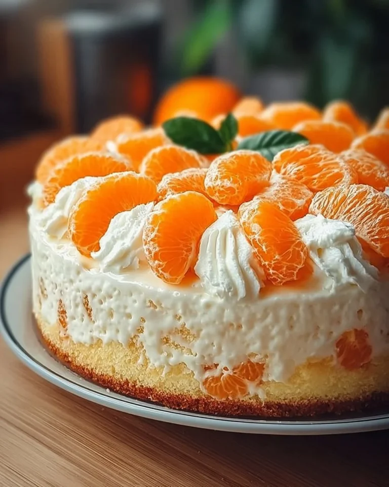 Fantakuchen mit Mandarinen und Vanillecreme auf einem Teller serviert.