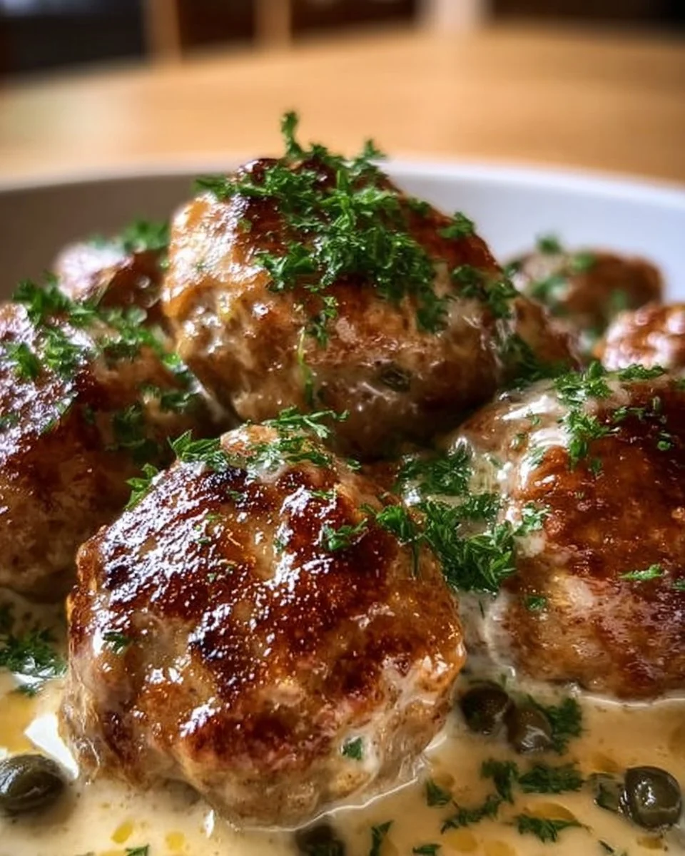 Fleischklöße in Kapernsauce serviert mit frischen Kräutern