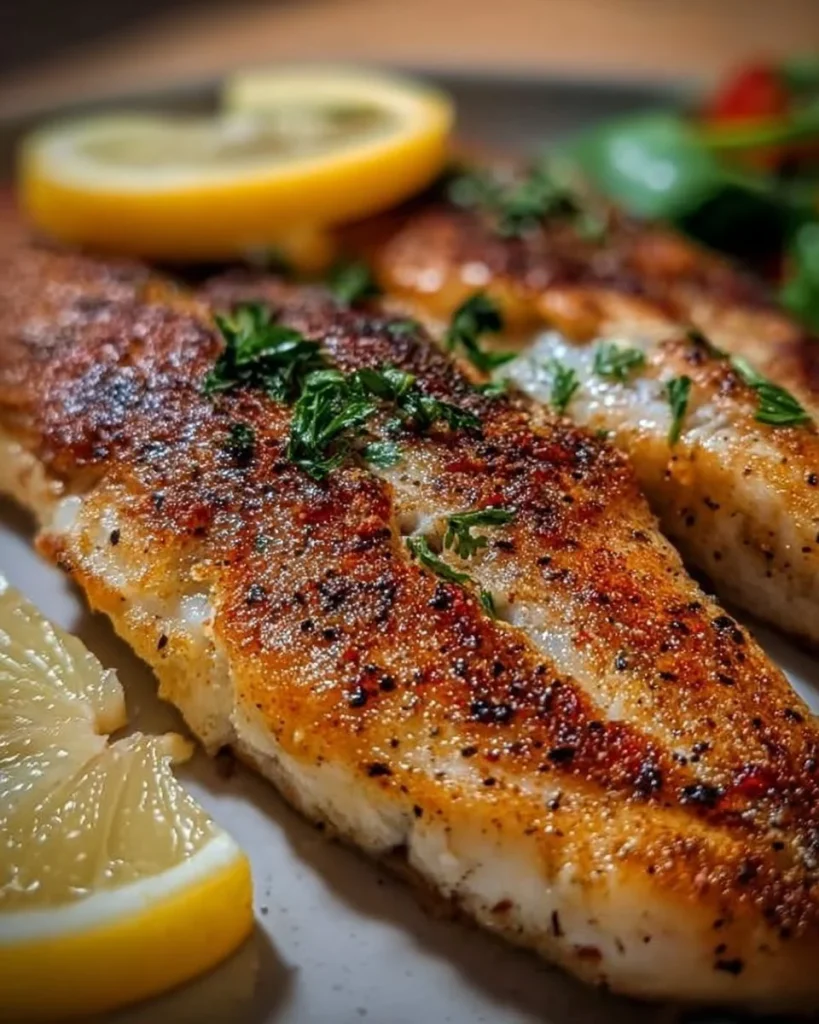 Gericht Forelle Müllerin mit Kräutern und Zitrone, in einer Pfanne zubereitet.