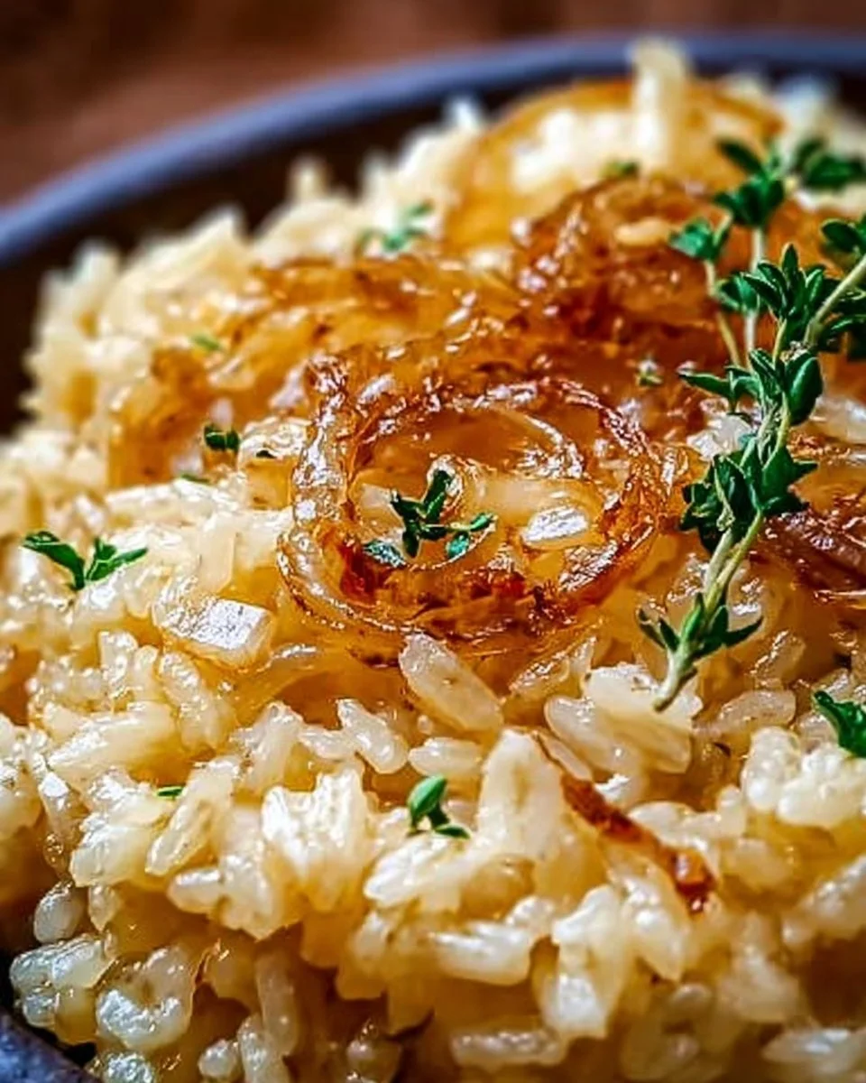 Schüssel mit französischem Zwiebelbutterreis, garniert mit frischen Kräutern.