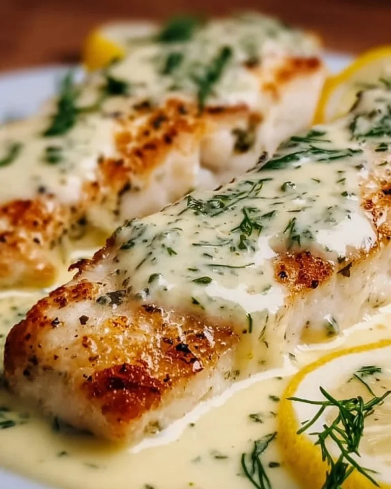 Gebackener Fisch mit Zitronen-Cremesauce auf einem Teller