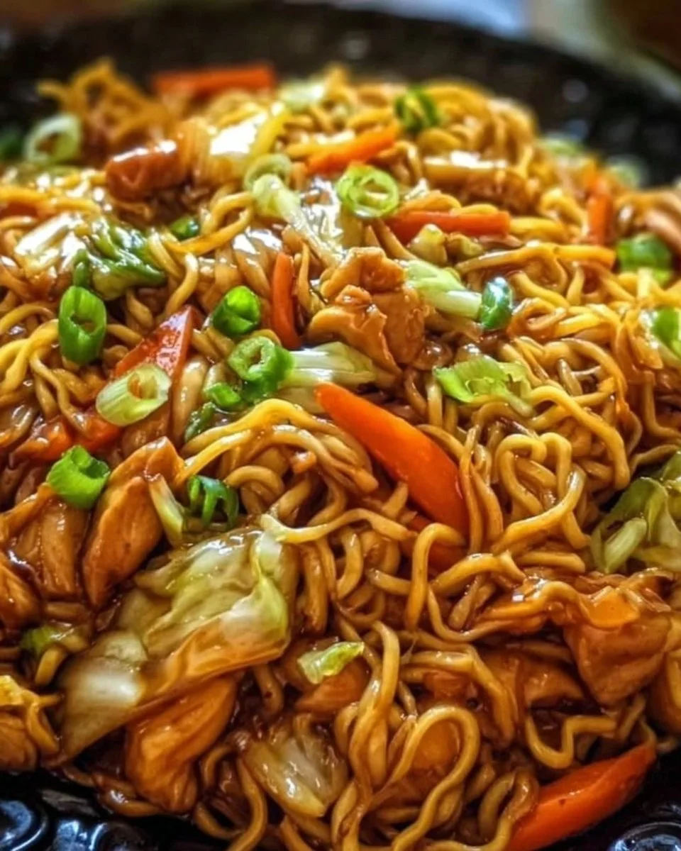 Teller mit gebratenen Nudeln, Gemüse und Sojasauce