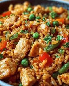 Gebratener Reis mit Gemüse und Hühnchen auf dem Teller