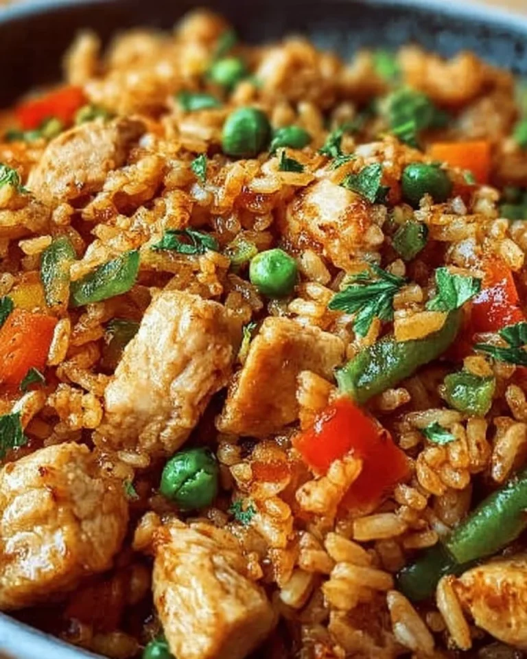 Gebratener Reis mit Gemüse und Hühnchen auf dem Teller