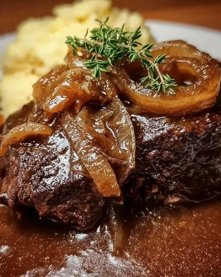 Gedünsteter Zwiebelrostbraten mit Zwiebeln und Beilagen auf einem Teller serviert