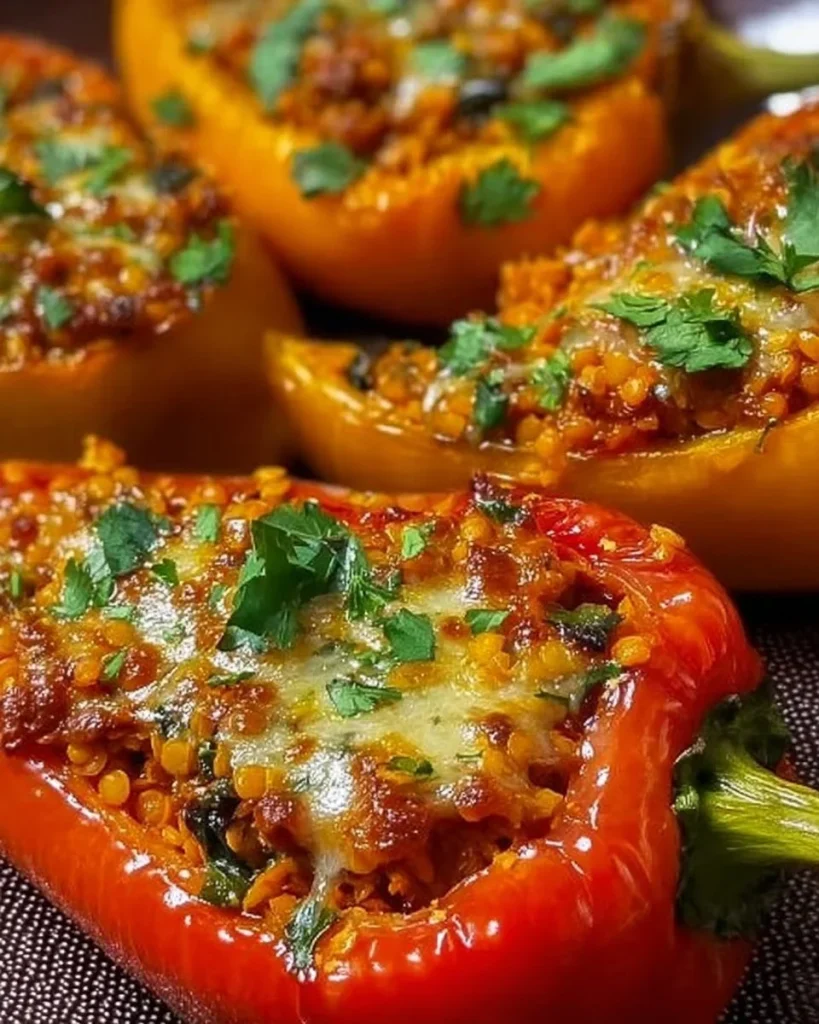 Gefüllte Spitzpaprika mit roten Linsen auf einem Teller angerichtet