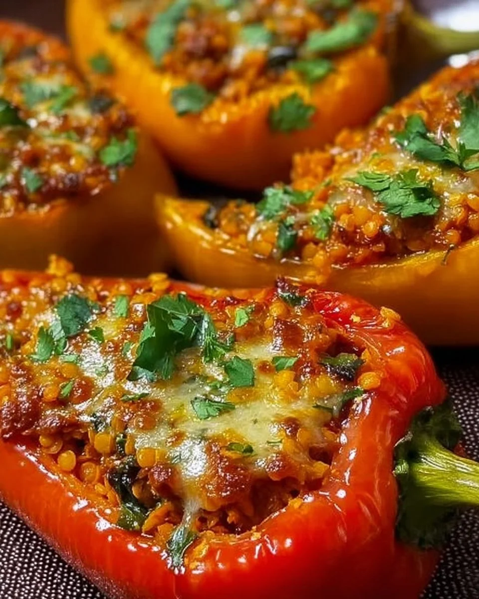 Gefüllte Spitzpaprika mit roten Linsen auf einem Teller angerichtet