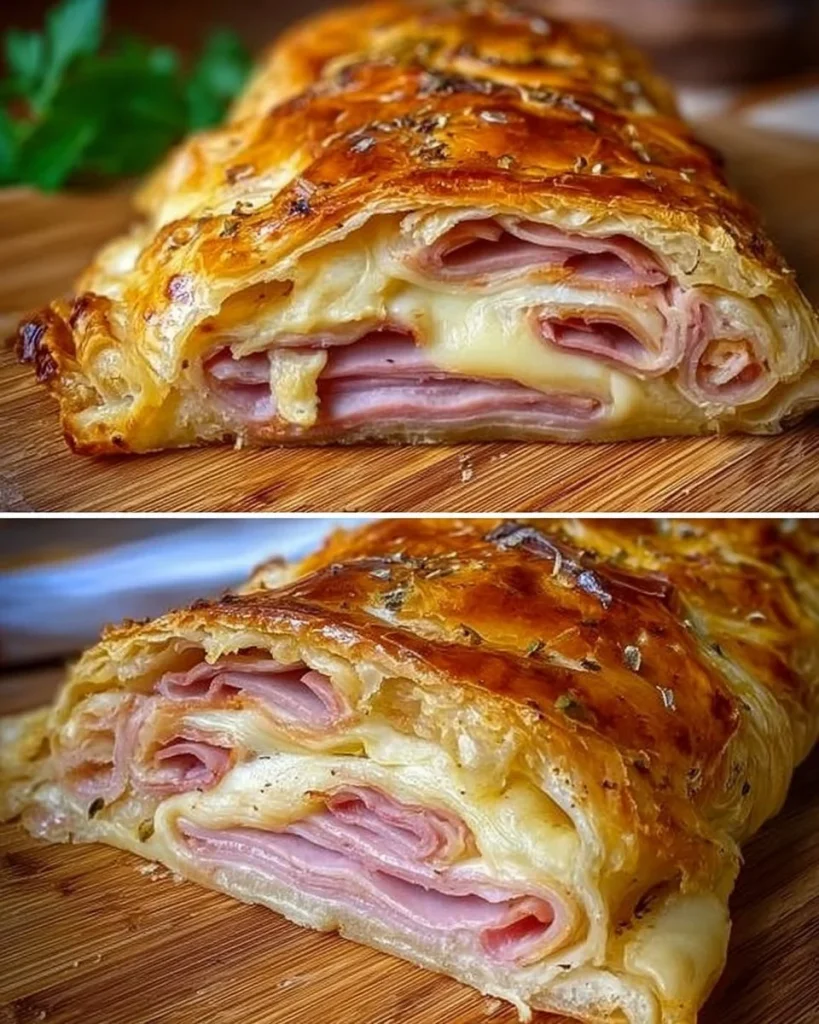 Gefüllter Blätterteigstrudel mit Schinken und Käse auf einem Teller