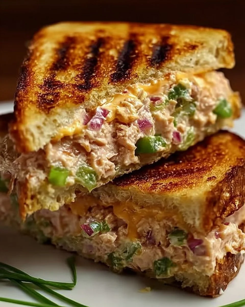 Gegrilltes Thunfisch-Käse-Sandwich auf einem Teller, serviert mit frischen Beilagen.