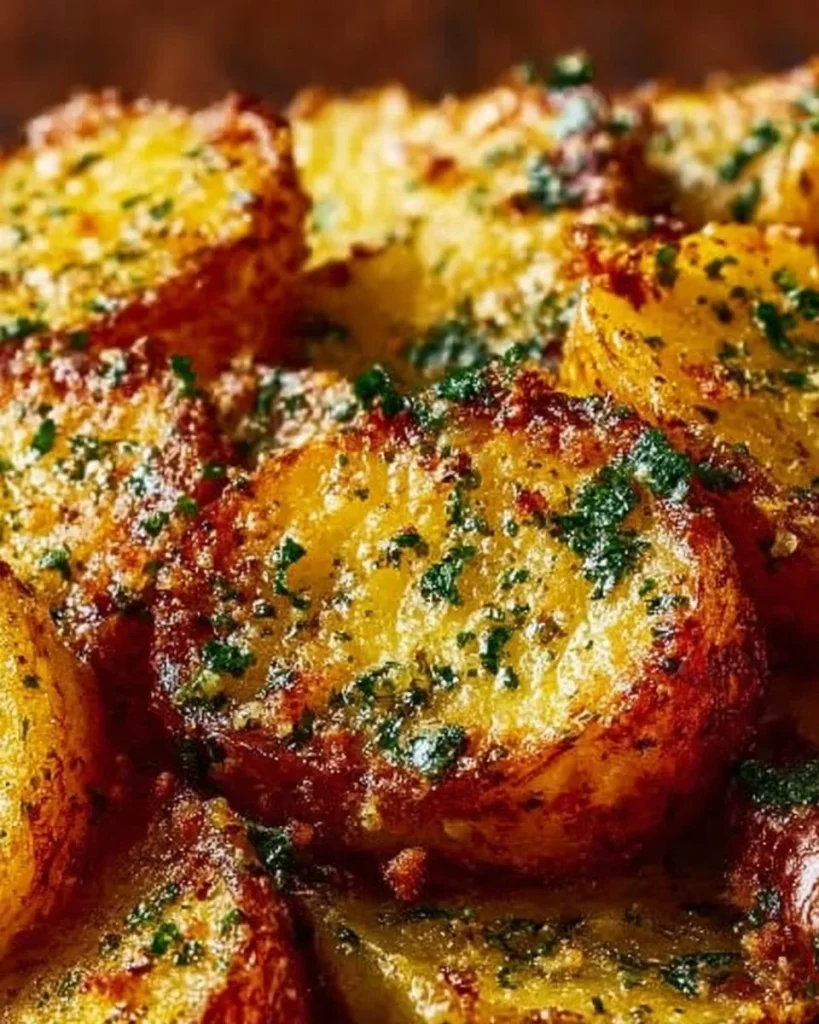 Geröstete Knoblauch-Butter-Parmesan-Kartoffeln auf einem Teller