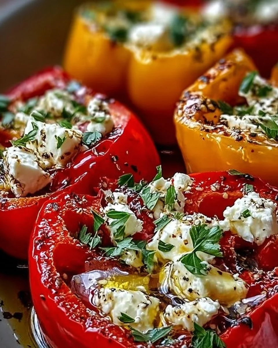 Geröstete Paprika mit Feta und Knoblauchöl auf einem Teller