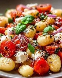 Gnocchi-Salat mit Feta und Tomaten, frisch und lecker serviert.