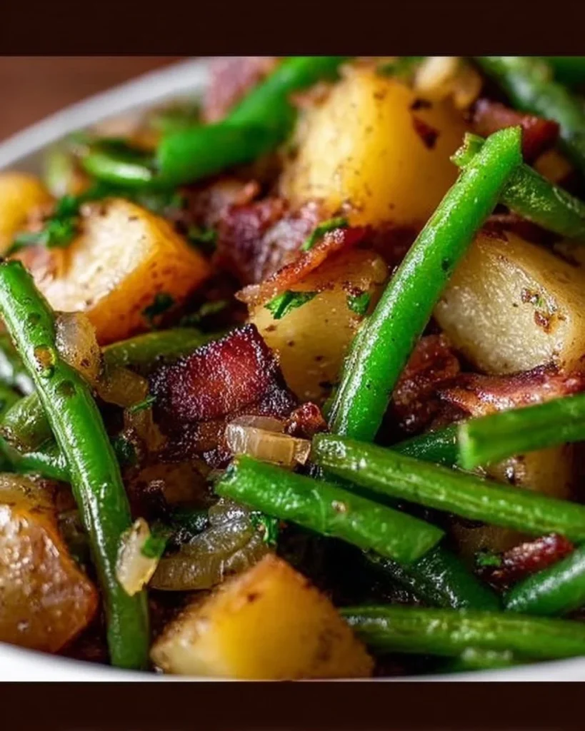 Grüne Bohnen mit Kartoffeln, geräuchertem Speck und Zwiebeln auf einem Teller