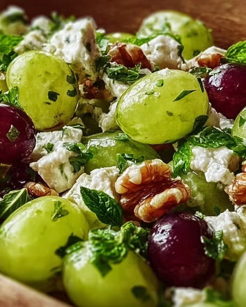 Grüner Trauben-Salat mit Feta auf einem schönen Teller angerichtet