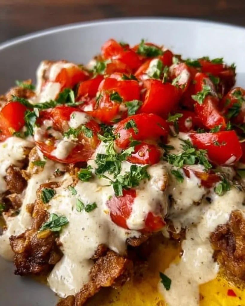 Leckerer Gyrosauflauf mit Knoblauch frisch aus dem Ofen