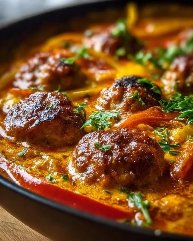 Hackbällchen in cremiger Paprikasoße auf einem Teller serviert