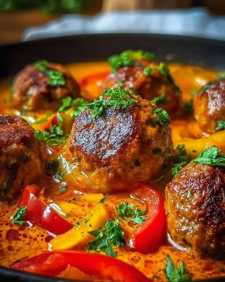 Hackbällchen in einer cremigen Paprikasoße serviert