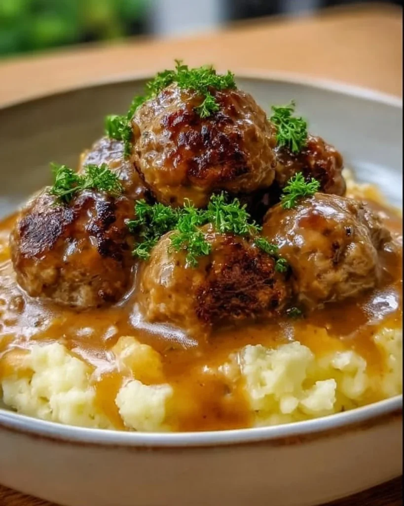 Hackbällchen in cremiger Sauce mit Kartoffelpüree ansprechend angerichtet