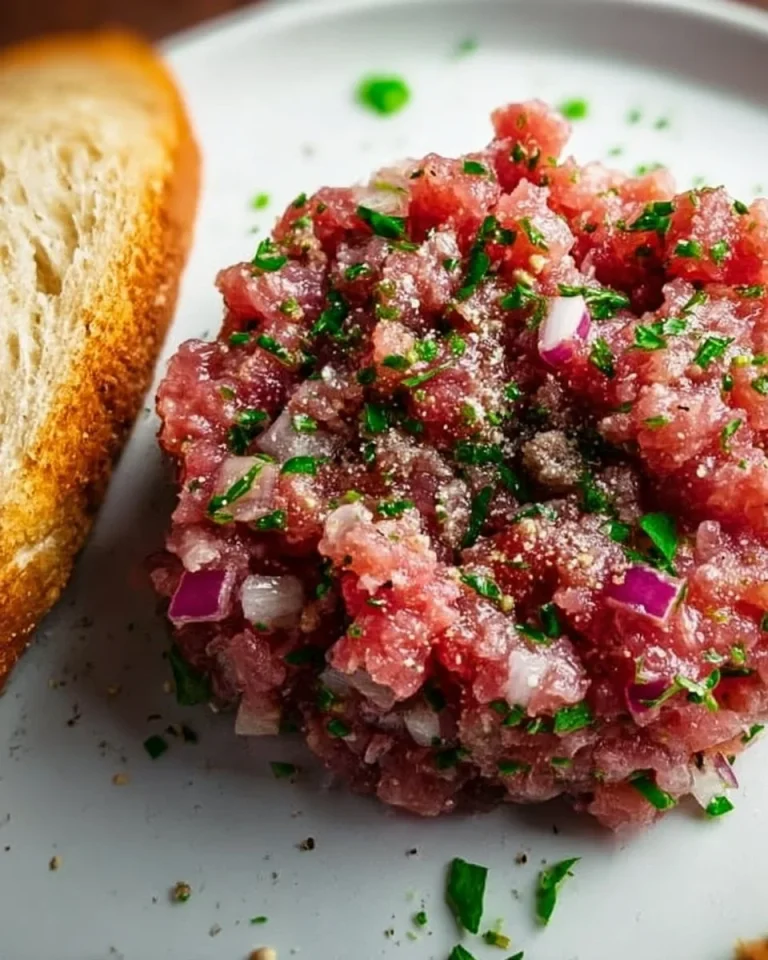 Delikater Hackepeter, das deutsche Tatar, frisch zubereitet mit frischen Zutaten.