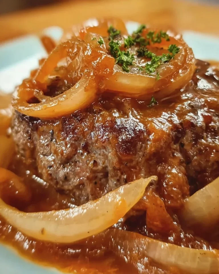 Hackfleischsteaks mit karamellisierten Zwiebeln auf dem Teller angerichtet.