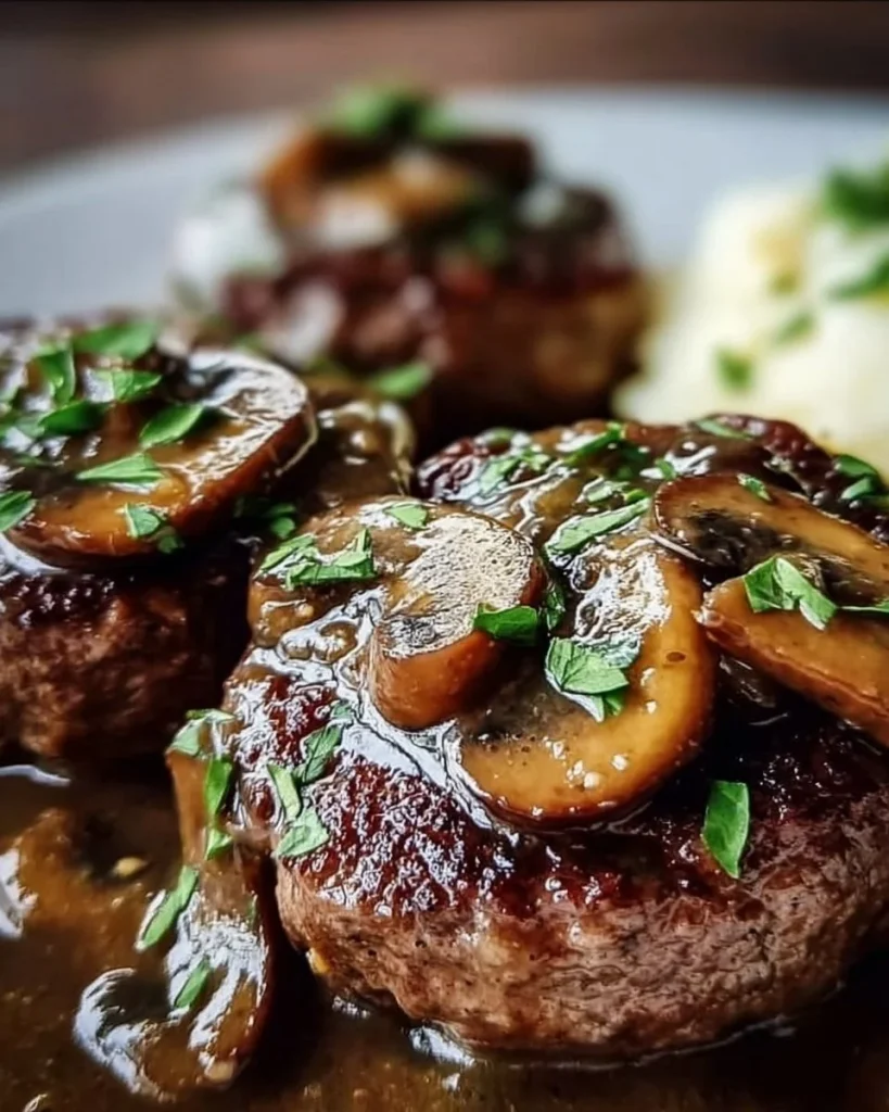 Hacksteaks mit Pilz-Zwiebel-Sauce anrichten