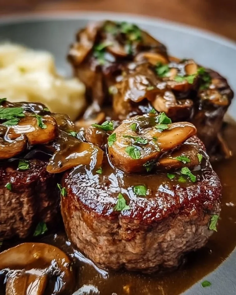 Hacksteaks mit Pilz-Zwiebel-Sauce auf einem Teller serviert