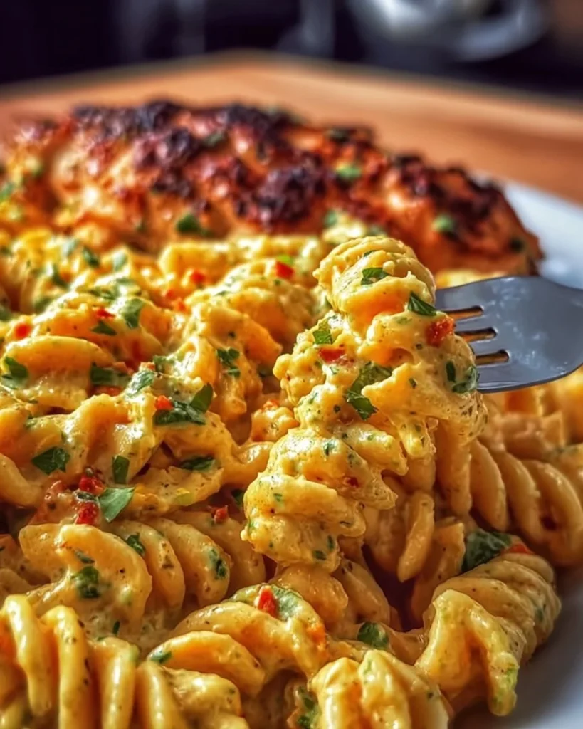 Hähnchen-Fusilli in einer cremigen Sahnesauce auf einem Teller angerichtet.