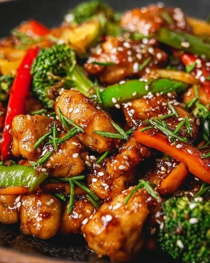 Hähnchen mit Gemüse in Honig-Soja-Sauce auf einem Teller angerichtet