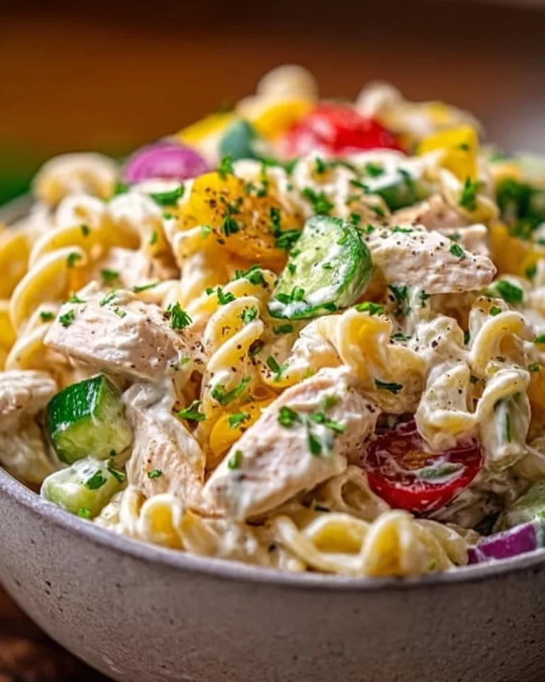 Schüssel Hähnchen-Ranch-Nudelsalat mit frischen Zutaten und Dressing