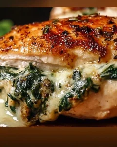 Hähnchenbrust gefüllt mit Spinat und Käse auf einem Teller serviert.