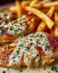Hähnchenfilet in cremiger Knoblauch-Parmesan-Sauce mit Pommes Frites