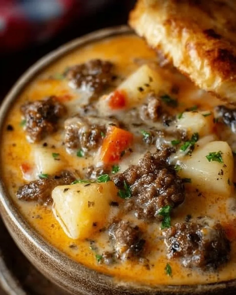 Delizieuse Hamburger Suppe in einer Schüssel mit frischen Kräutern garniert.