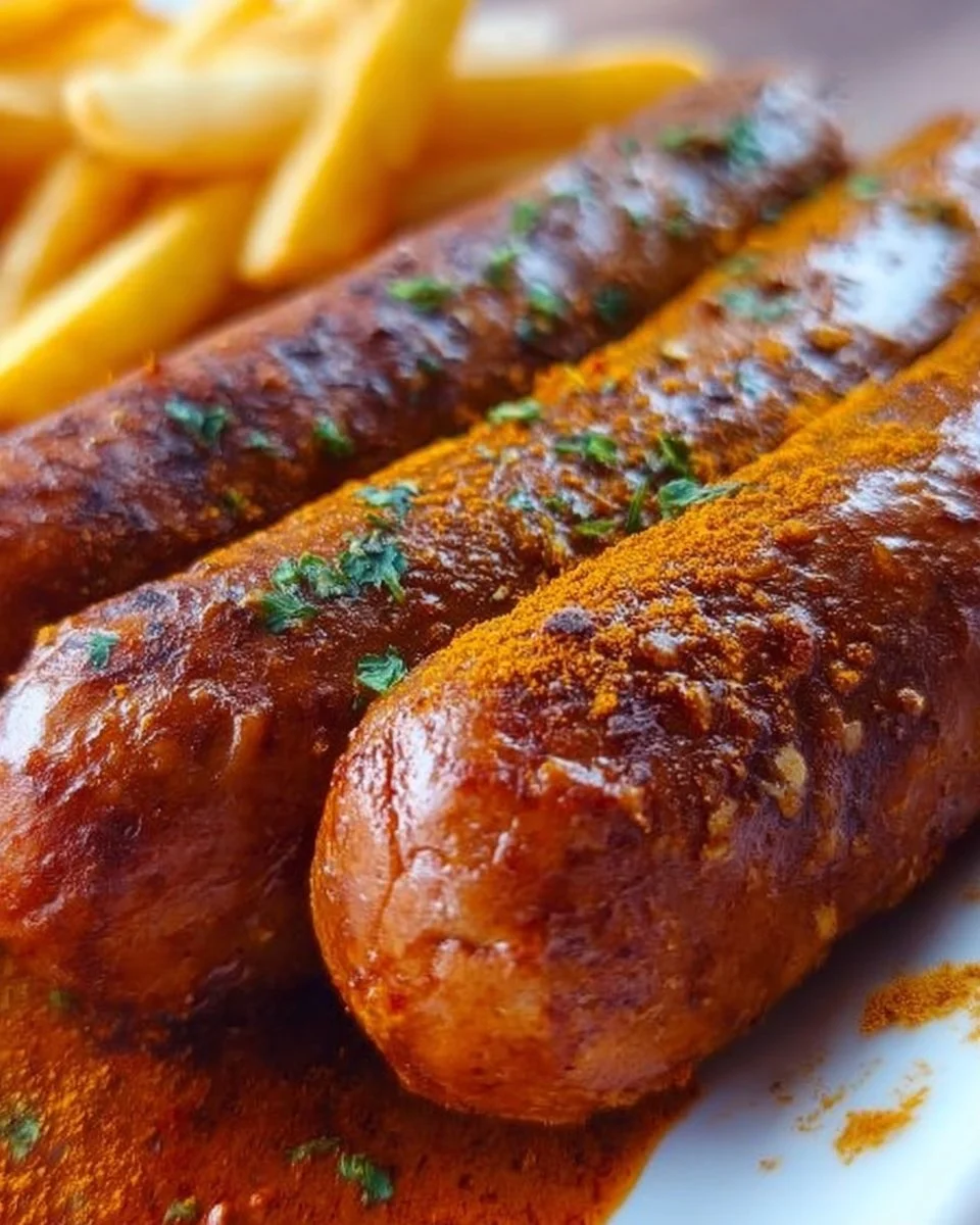 Hausgemachte Currywurst mit würziger Sauce und Pommes frites