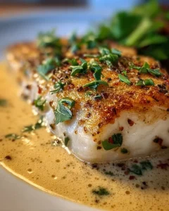 Heilbuttfilet in Weißweinsauce serviert mit frischen Kräutern