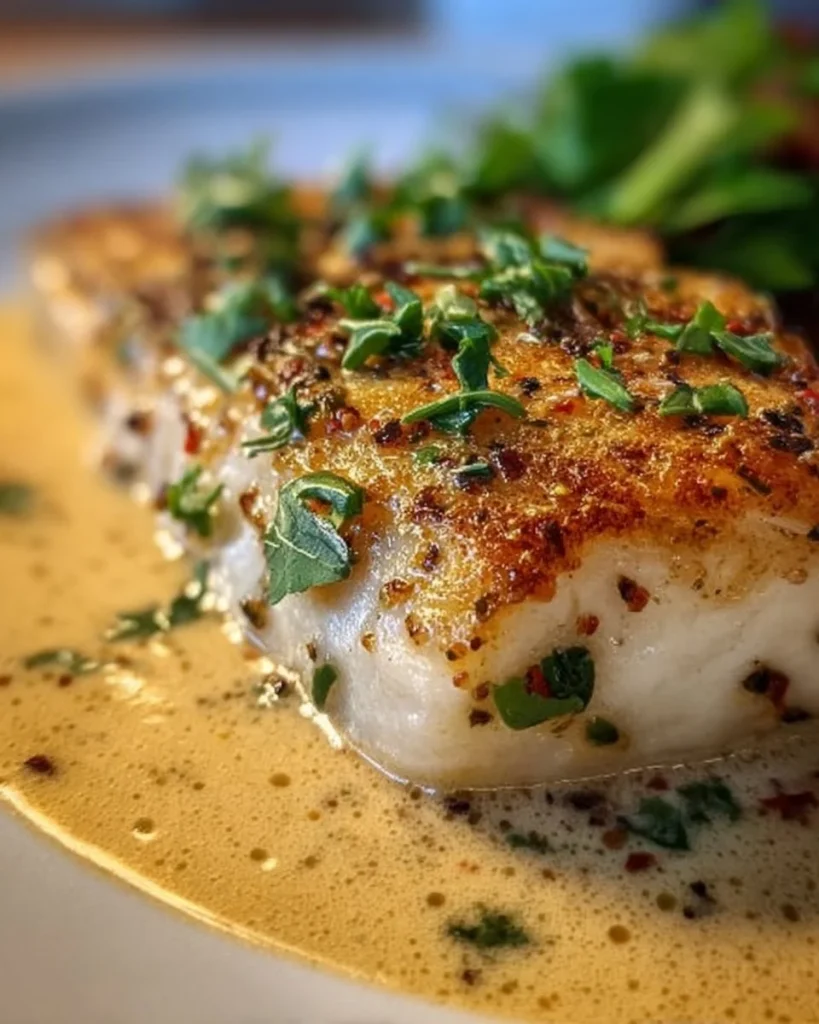 Heilbuttfilet in Weißweinsauce serviert mit frischen Kräutern